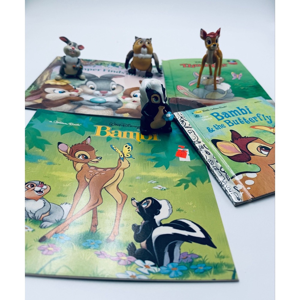 Disney Bambi Thumper Flower Figure Lot and 4 Storybook Bundle Vintage Kids Toy
